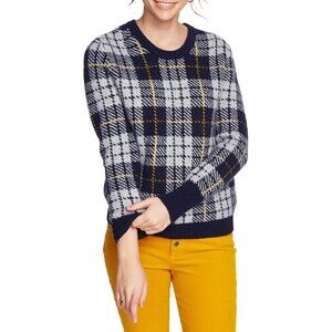 COURT & ROWE Small Bouclé Navy Blue Plaid Long Sleeve Soft Wool Sweater NWT $119